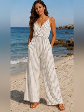 Striped Cream Wide-Leg Jumpsuit with Ring Straps
